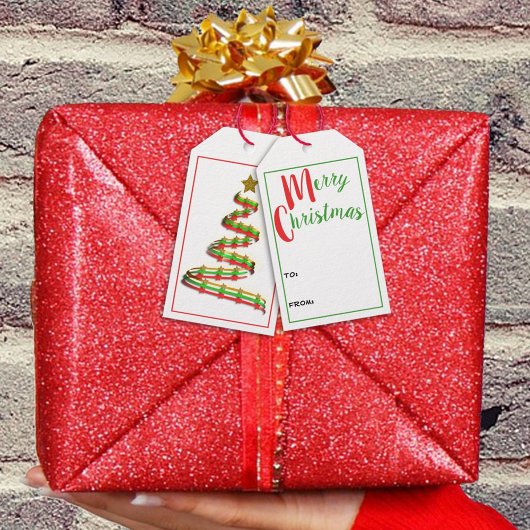 赤伝統的緑リボンクリスマスツリーアート ギフトタグ