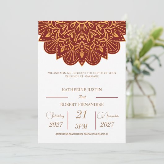 赤伝統的金ゴールドブロンズマンダラインディアン結婚ズ 招待状 (スタンド正面)