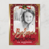 赤信じと金ゴールド冬の雪の結晶ホリデーフォト シーズンポストカード (正面)