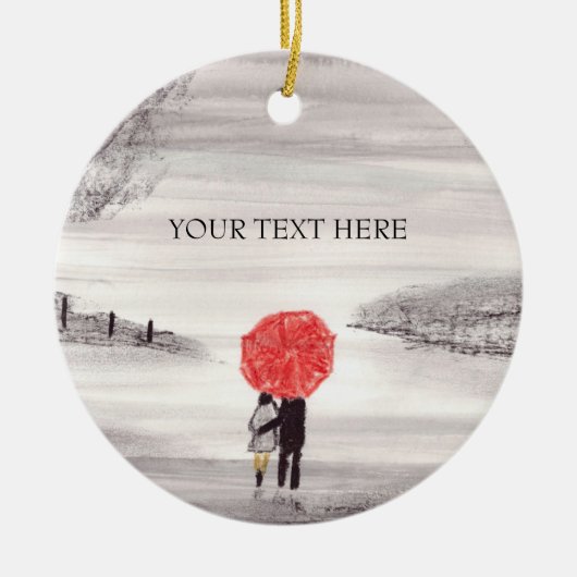 赤傘ラブカップル葉書 セラミックオーナメント (正面)