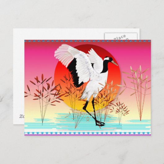 赤冠クレーンと沈み込みサンポストカード ポストカード (正面/裏面)