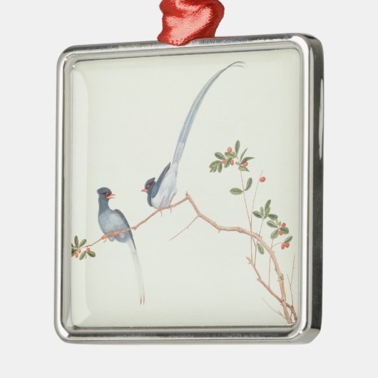 赤勘定書を出された青いカササギ、枝赤の果実 メタルオーナメント (左)
