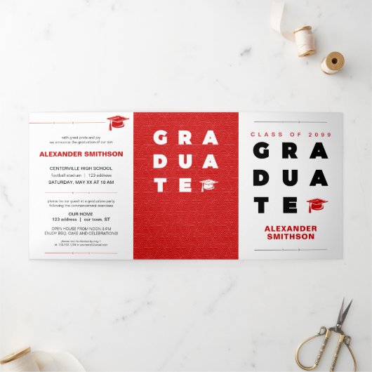 赤卒業はっきりしたの手紙とキャップ卒業 三つ折り案内状 (外部)