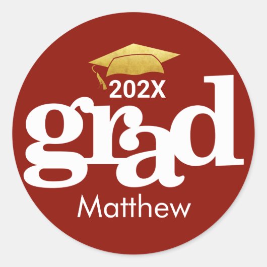 赤卒業シンプル金ゴールドはっきりしたタイポグラフィ ラウンドシール (正面)