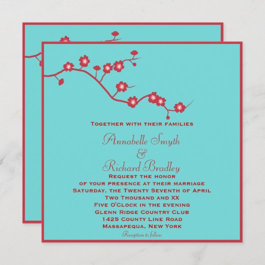 赤及びターコイズの花の結婚式 招待状 (正面/裏面)