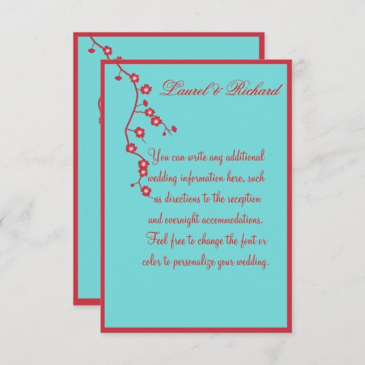赤及びターコイズの花の結婚披露宴 エンクロージャーカード (正面/裏面)