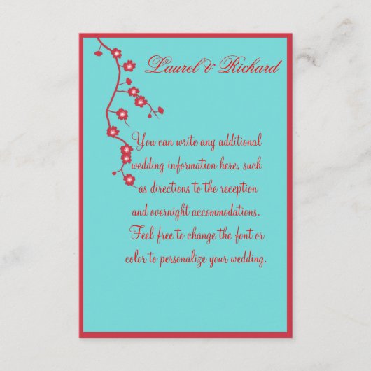 赤及びターコイズの花の結婚披露宴 エンクロージャーカード (正面)