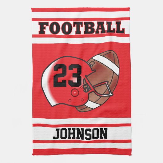 赤及び白のストライプなフットボールジャージー キッチンタオル (縦)