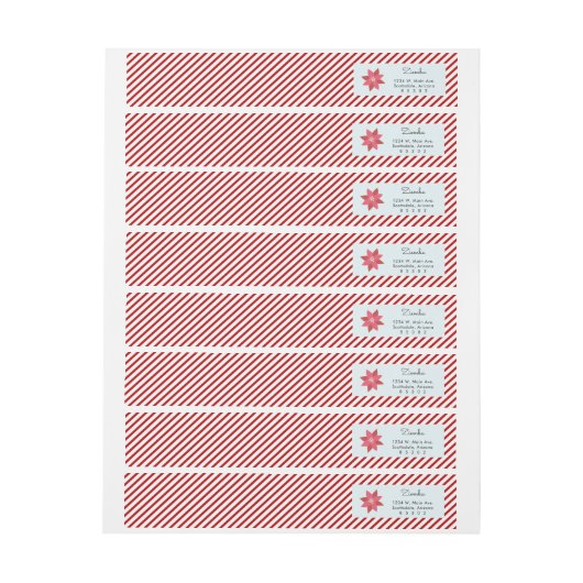 赤及び白のストライプのかわいいポインセチアのクリスマス ラップアラウンドラベル (シート)