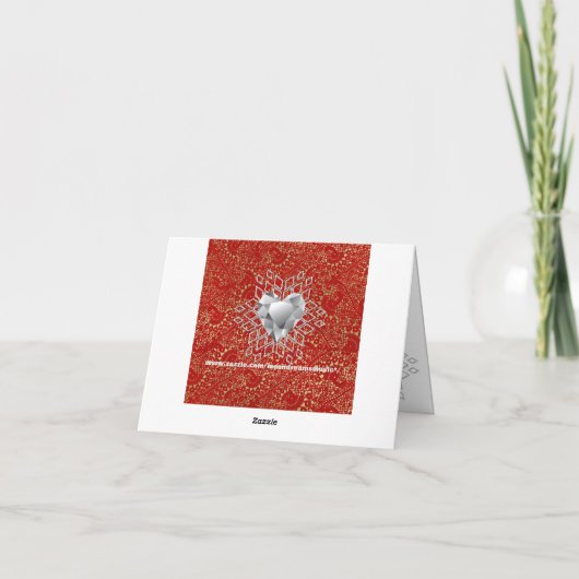 赤及び金ゴールドのかぎ針編みのレースのダイヤモンドのハートの雪片 シーズンカード (裏面)