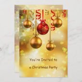 赤及び金ゴールドのつまらないもののクリスマス・パーティ 招待状 (正面/裏面)