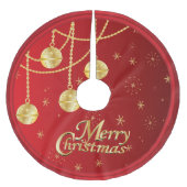 赤及び金ゴールドのオーナメントのメリークリスマス ブラッシュドポリエステルツリースカート (正面)