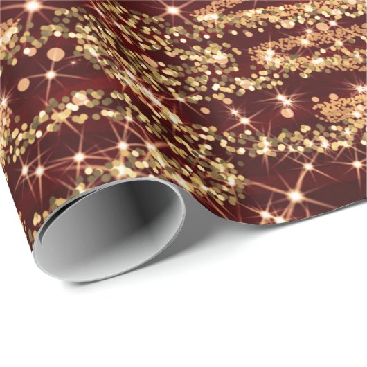 赤及び金ゴールドのグリッターのクリスマスツリーの休日 ラッピングペーパー (ロールコーナー)