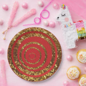 赤及び金ゴールドのグリッターの渦巻および水玉模様のプレート ペーパープレート (パーティー)