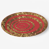赤及び金ゴールドのグリッターの渦巻および水玉模様のプレート ペーパープレート (アングル)