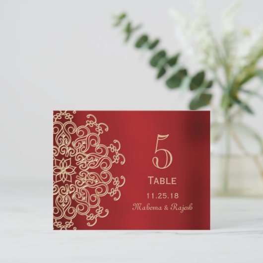 赤及び金ゴールド結婚インディアン表番号カード ポストカード (スタンド正面)