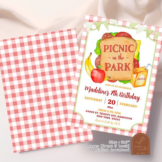 赤名門私立校風のピクニック誕生日パーティーの招待状 招待状