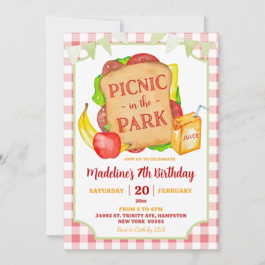 赤名門私立校風のピクニック誕生日パーティーの招待状 招待状 (正面)