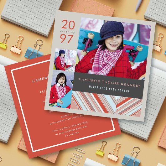 赤名門私立校風のピンストライプ写真卒業パーティー 招待状