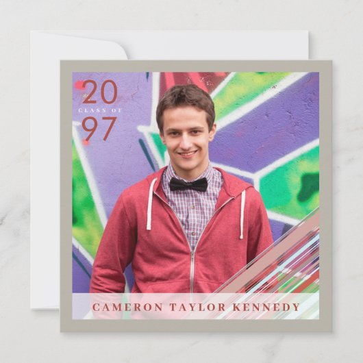 赤名門私立校風のピンストライプ写真卒業パーティー 招待状 (正面)