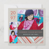 赤名門私立校風のピンストライプ写真卒業パーティー 招待状 (正面)