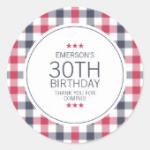 赤名門私立校風の白と青の格子縞ありがとう誕生日 ラウンドシール (正面)
