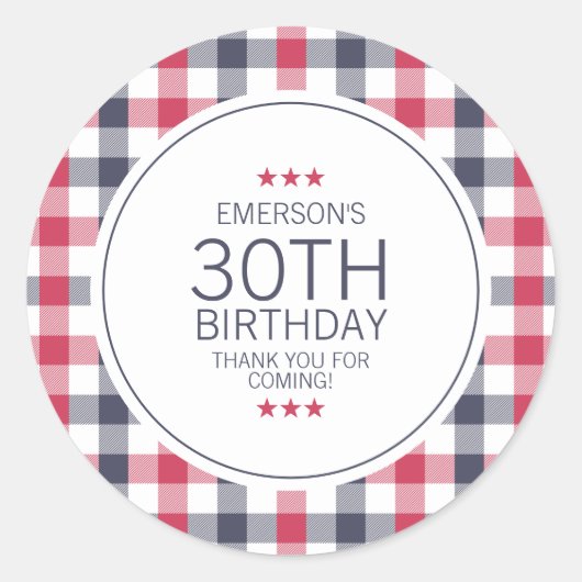 赤名門私立校風の白と青の格子縞ありがとう誕生日 ラウンドシール (正面)