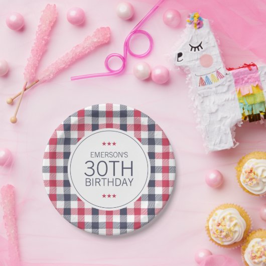 赤名門私立校風の白と青の格子縞誕生日 ペーパープレート (パーティー)