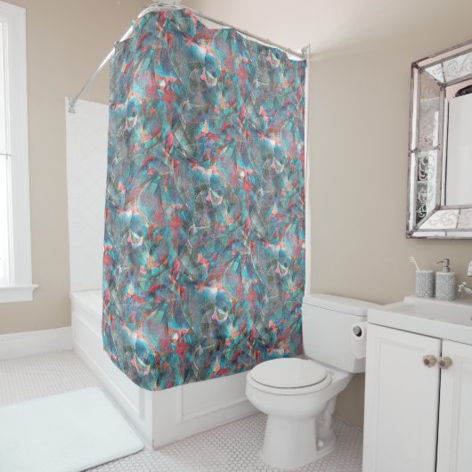 赤味がかった粗い壁の赤い桃とシアンの斑点 シャワーカーテン (インサイチュ)