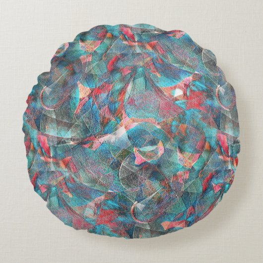 赤味がかった粗い壁の赤い桃とシアンの斑点 ラウンドクッション (正面)