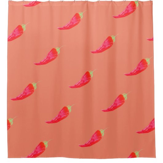 赤唐辛子の手の絵を描水色ピーマン シャワーカーテン (正面)
