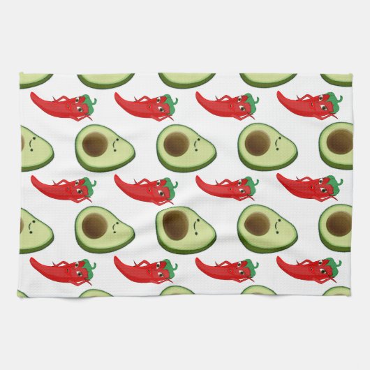 赤唐辛子ディバかわいい緑のアボカド漫画パターン キッチンタオル (横)