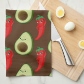 赤唐辛子ディバかわいい緑のアボカド漫画パターン キッチンタオル (四つ折り)