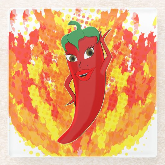 赤唐辛子火の炎 ガラスコースター (正面)