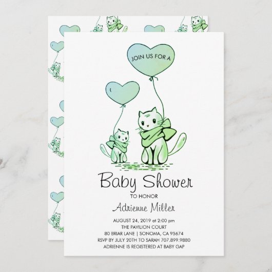 赤図解入りの、写真付きのちゃんシャワー子猫とバルーン 招待状 (正面/裏面)