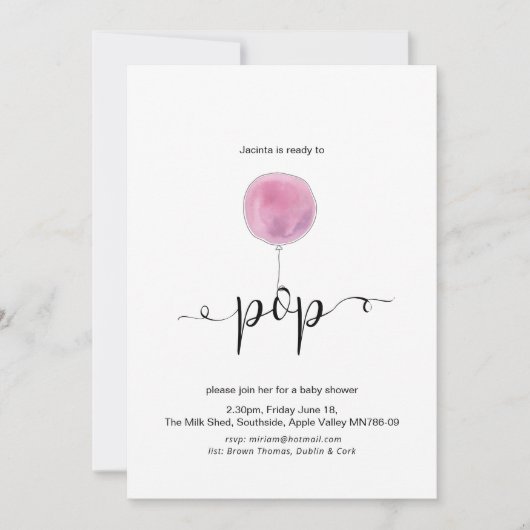 赤図解入りの、写真付きのちゃんシャワー準備ポップ・アートののピンク色バルーン 招待状 (正面)