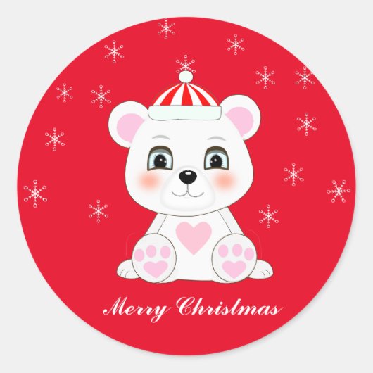 赤地にキュートなクリスマスホッキョクグマと雪の結晶 ラウンドシール (正面)