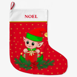 赤地にクリスマスエルフ、星、ポインセチア、松 ラージクリスマスストッキング