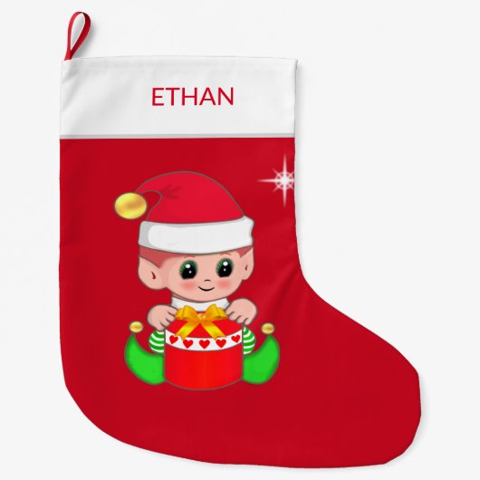 赤地にクリスマス・ノームともうけ箱 ラージクリスマスストッキング (正面)