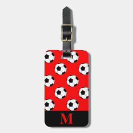 赤地にモノグラムのブラック/ホワイト サッカー ボール ラゲッジタグ