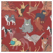 赤地に猫と犬のデザイン ファブリック (クローズアップ)