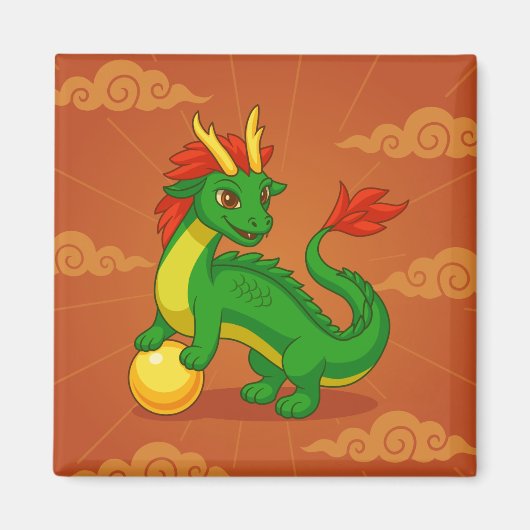 赤地に緑の中国の龍 マグネット (正面)