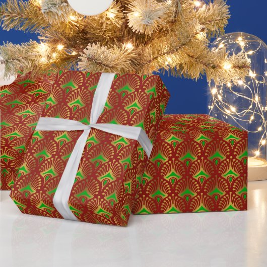 赤地に金と緑のアルデコ柄 ラッピングペーパー (クリスマス)