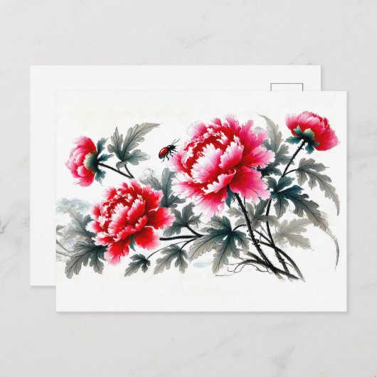 赤墨絵を描の牡丹 シーズンポストカード (正面/裏面)