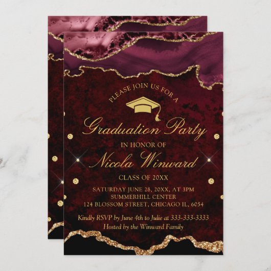 赤大モダン理石アゲート卒業パーティー  招待状 (正面/裏面)