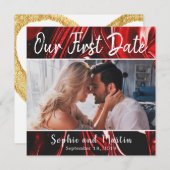 赤大理石の最初の日付フォトカップルのカード サンキューカード (正面/裏面)