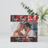 赤大理石の最初の日付フォトカップルのカード サンキューカード (スタンド正面)