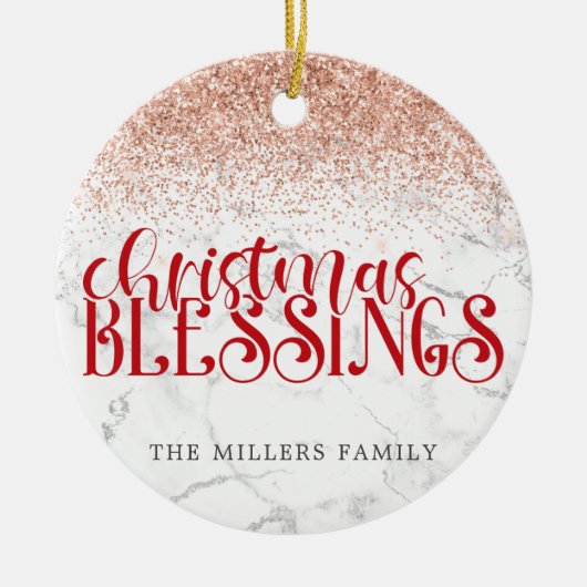 赤大理石クリスマス恵みグリッターパーソナライズ セラミックオーナメント (正面)