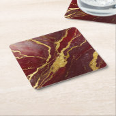 赤大理石模様に金 スクエアペーパーコースター (アングル)