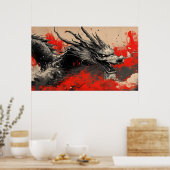 赤威厳のある中国のインク付きドラゴン(ばちゃばちゃ)跳ねる ポスター (キッチン)